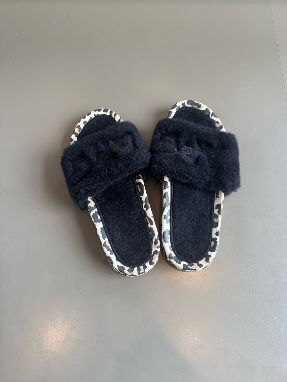 APL Black Faux-Fur Slide Sandals with Leopard-Print Trim